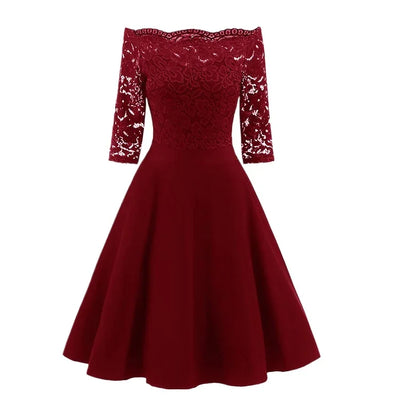 Women Elegant Wedding Bridesmaid Dinner Dress Sexy Lace Off Shoulder Party Dresses Solid Color Half Sleeve Evening Gown Vestido