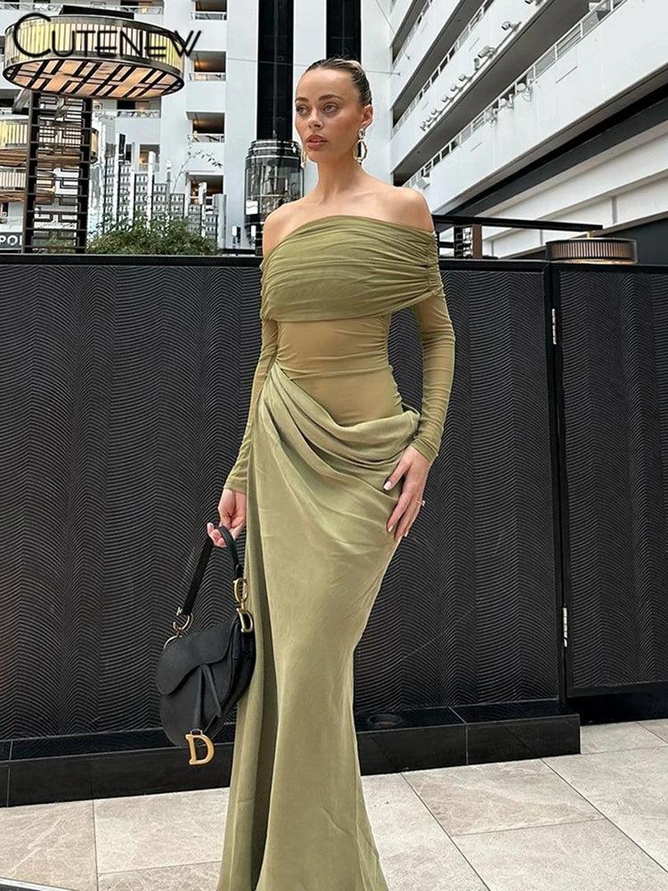 Cutenew Mesh Ruched Women Maxi Dress Sexy See Through Off Shoulder Long Sleeve Sheath Vestidos Female Midnight Party Solid Robe