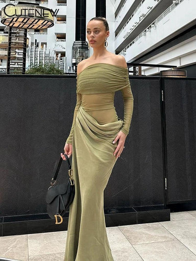 Cutenew Mesh Ruched Women Maxi Dress Sexy See Through Off Shoulder Long Sleeve Sheath Vestidos Female Midnight Party Solid Robe