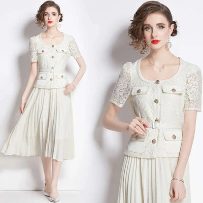 Luxury Evening Dress Women Summer Vacation Short Sleeve Pleated Lace Chiffon Long Dresses White Single Breasted Midi Party Robe