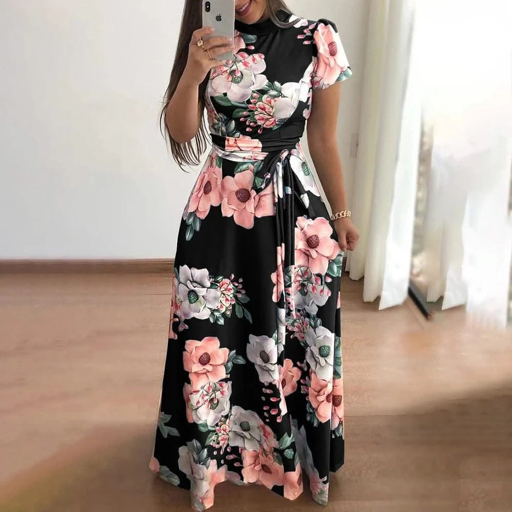 Women's Floral Print Summer Dress - 2025 New Boho A-Line Swing Dress with Short Sleeves, High Waist Flowy Maxi Dress for Beach &