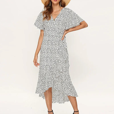 Women Summer Dresses Bohemian Sexy V-Neck Irregular High Waist Lace-up Chiffon Print Dress Casual Beach Long Dress