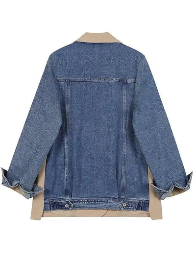 DEAT Women's Blazer Notched Collar Patchwork Denim Long Sleeve Khaki Long Sleeve Suit Coat  2024 Summer New Fashion  29L1530