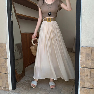 2025 New High Waisted Cotton Linen Pleated Midi Skirt – Summer Flowy A-Line Maxi Skirt for Women, Breathable & Elegant