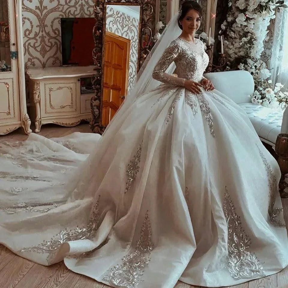 Princess Ball Gown Wedding Dresses Lace O-Neck Bridal Gown