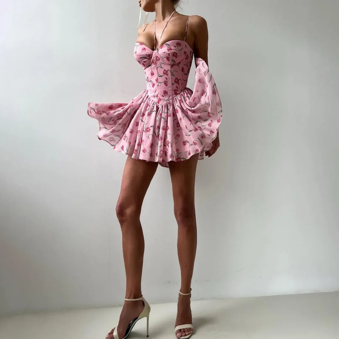 Elegant Floral Dress Women Fitted Waist Summer Dress Sexy Birthday Party Dress Lace Up Club Gowns Women Clothing