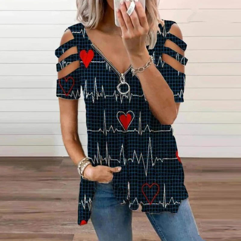 Summer Women's Oversized T-shirt 2025 Elegant Print Floral Casual Zipped V-Neck Sexy SlimTop Female Plus Size For Women Clothing