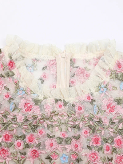 QMQA Fashion Women's Embroidery Dresses Round Neck High Waist Bow Mesh Spliced Long Sleeve Elegant Dress Female 2024 1A102