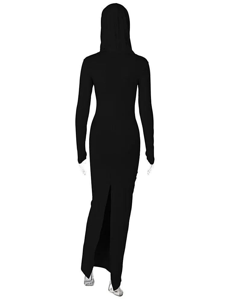 Hooded Long Dress For Women Y2k Clothes Sexy Streetwear Long Sleeve Bodycon Vestidos De Mujer Solid Robe Femme Été Back Split