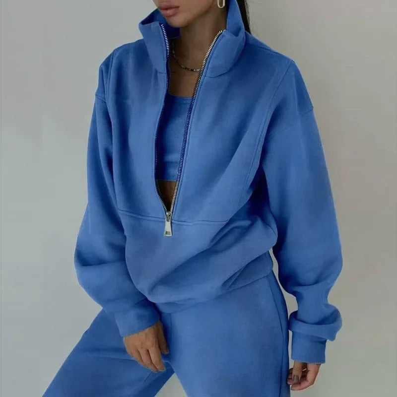 Autumn Winter Women Tracksuits Two Piece Outfits Fleece Lined Zipper Sweatshirt High Waist Pants Sets Female Sport Suits 2024