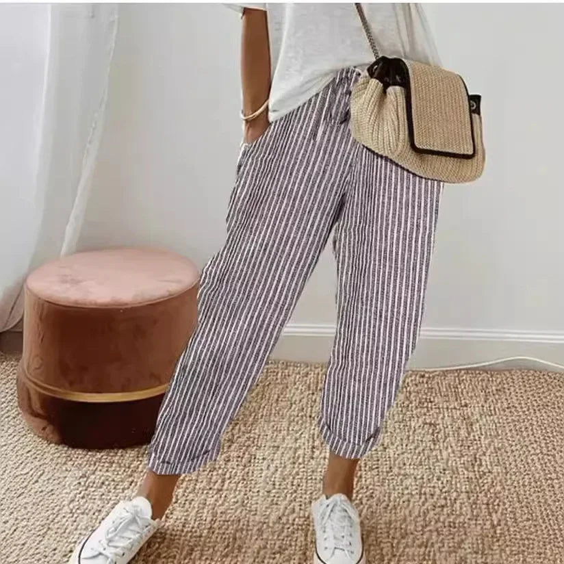 2025 New Women's Trousers Stripes Casual Loose Fashion Elastic Waist Pocket Straight Basic Pants