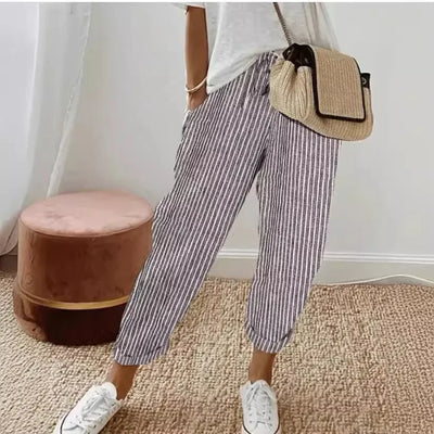 2025 New Women's Trousers Stripes Casual Loose Fashion Elastic Waist Pocket Straight Basic Pants