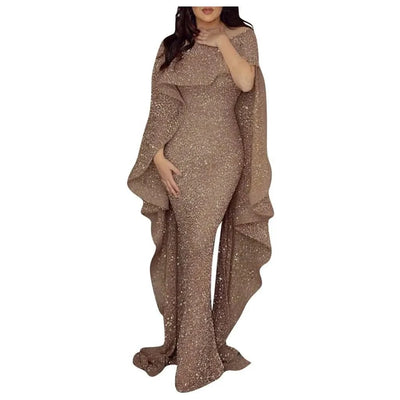 Women's Maxi Dress with Cloak Short Sleeve Sling Sequined Bodycon Evening Party Dress | Ladies Fashion Dresses
