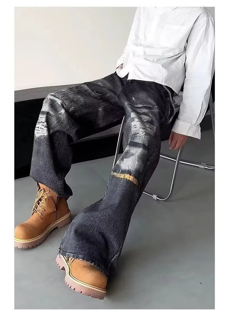 High Street Men's Jeans Trendy Printed Pattern Washed Worn-out Straight Leg Jeans American Style Male Denim Pants Black Jeans