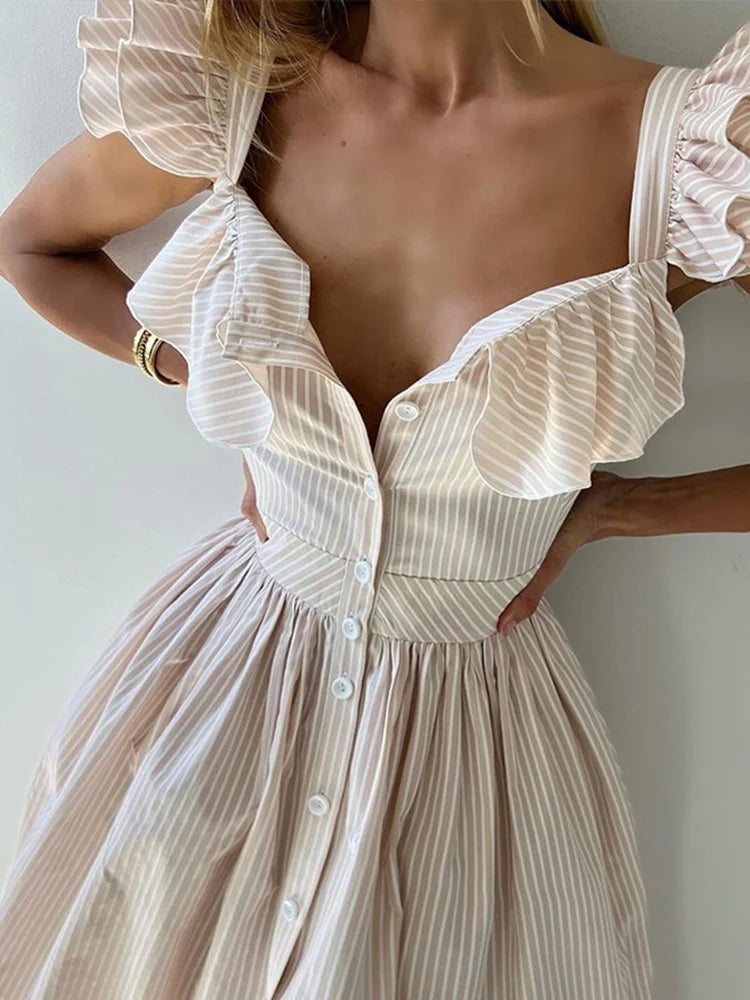 Ruffle Dress Women Fashion Backless A Line Slim Waist Striped Robe Female Flying Sleeves Buttons 2025 Summer Elegant Streetwear