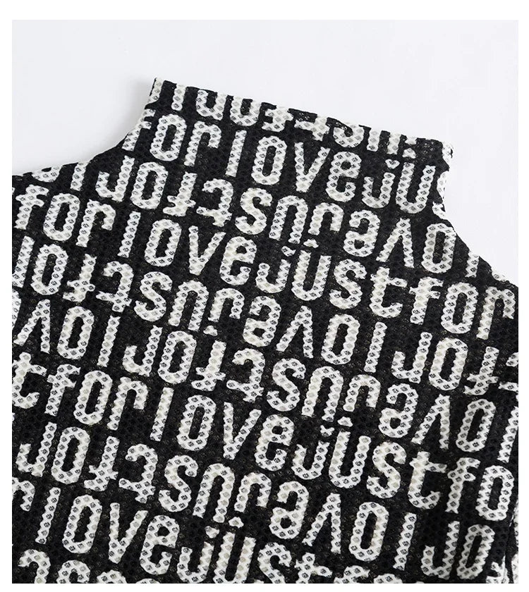 Printed Waffle Mesh T-shirts For Women New Autumn Slim-fit Base Half High Neck Strech Basic Tops Female