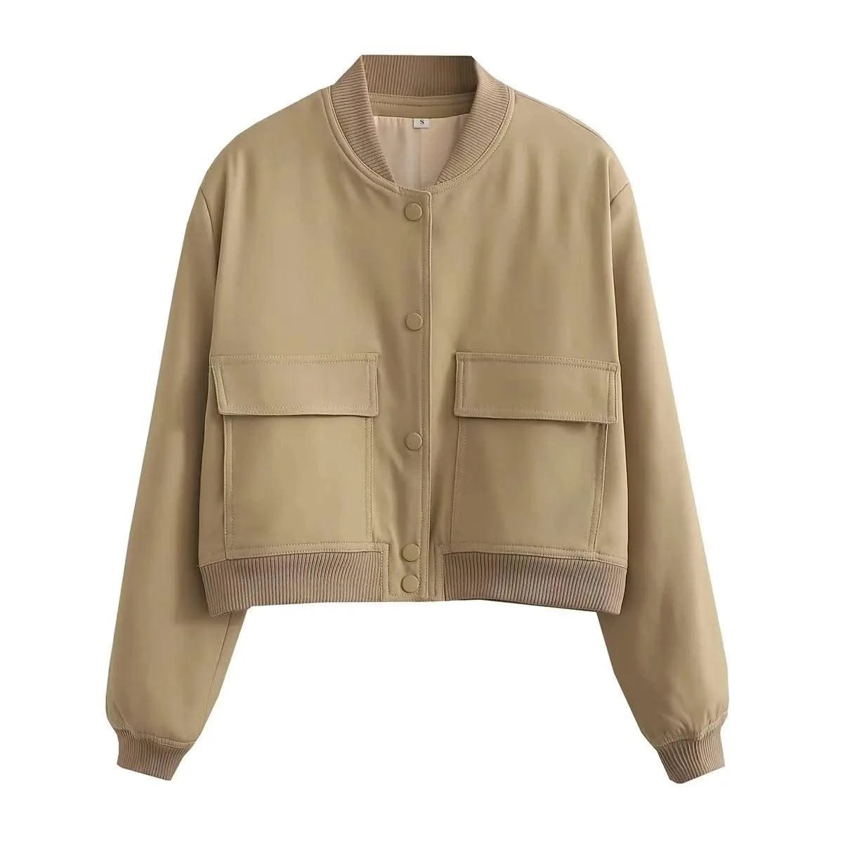 Women Fashion Solid Bomber Jackets Coat With Pockets V-Neck Single Breasted