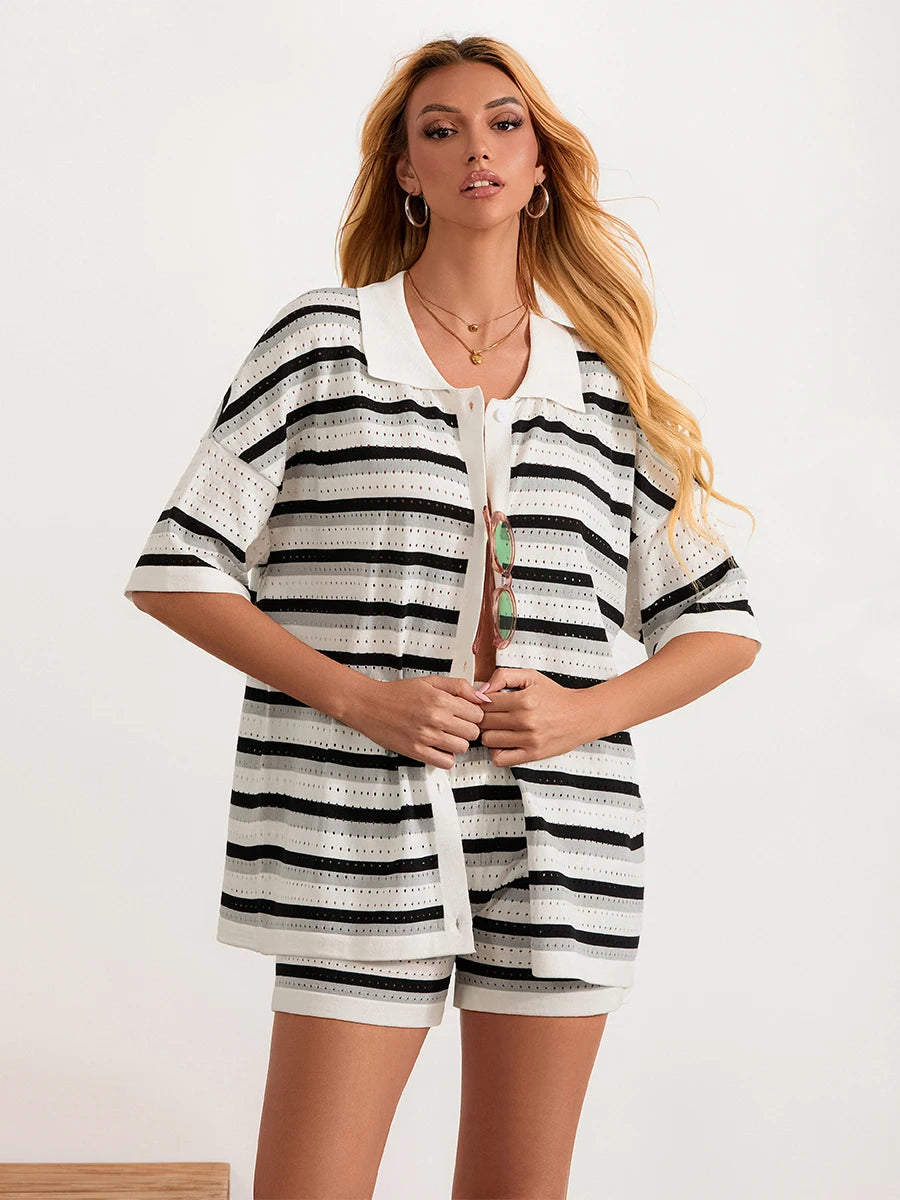 Women Pajamas Set 2 Pieces Loungewear Suits Summer Striped Contrast Color Button Crochet Knit Tops and Shorts Lounge Sets Beach