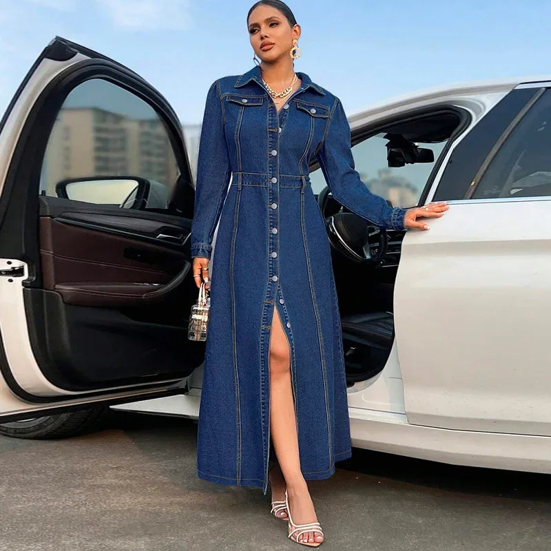 Denim Dress Women Long Dresses Spring Turn Down Collar Elegant Work Splice Vestidos Single Breasted A Line Y2k Tops Streetwear