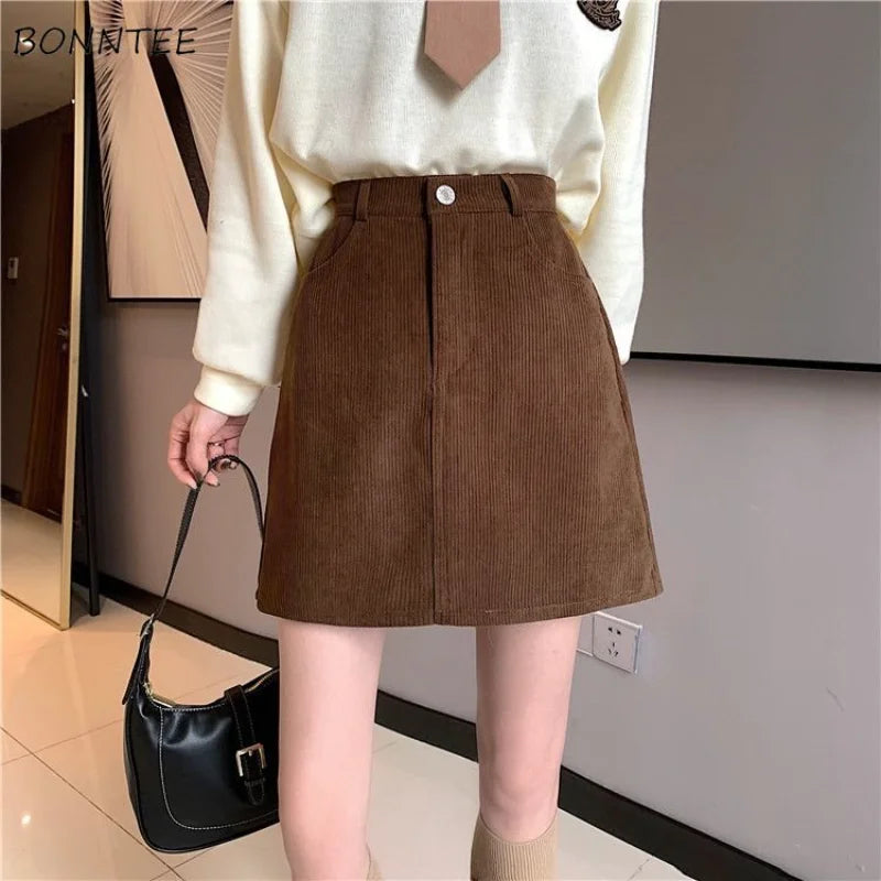 Skirts Women A-line Retro Korean Style Slim Basic All-match Student Autumn Ins Cozy Trendy Feminine Aesthetic Popular Faldas New