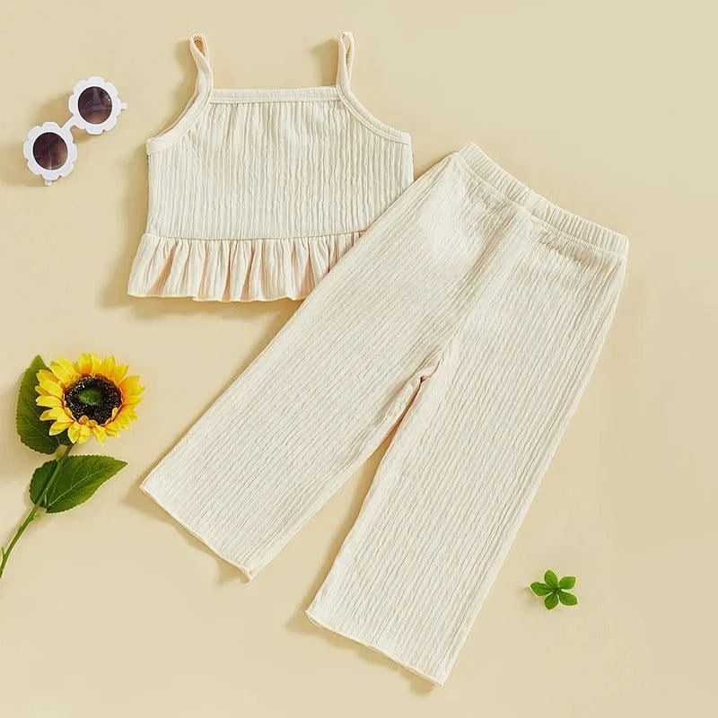 Toddler Girls 2 Piece Outfits Crocheted Flowers Fruit Ruffled Camisole and Elastic Pants Set Baby Children Summer Clothes