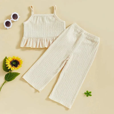 Toddler Girls 2 Piece Outfits Crocheted Flowers Fruit Ruffled Camisole and Elastic Pants Set Baby Children Summer Clothes