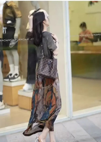 Fashionable Dress for Women 2025 Summer New Retro Drawstring Waist-hugging Long A-line Skirt