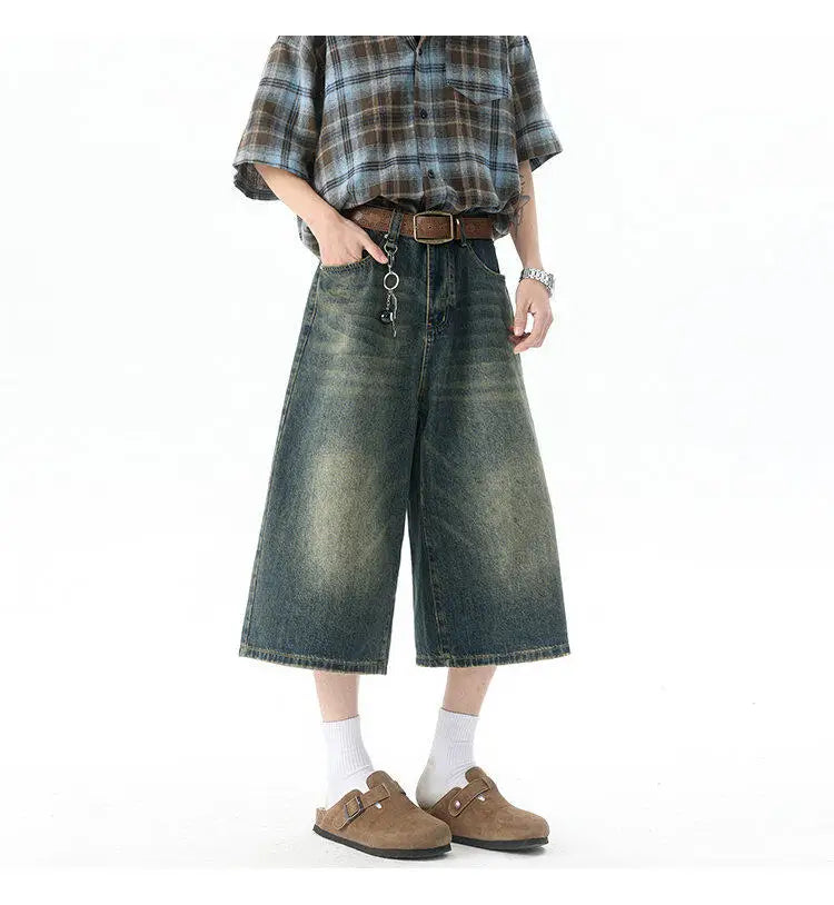 Trendy High-Waisted Wide-Leg Cropped Jeans for Men 2025 Summer Casual Stretch Denim Capri Pants Comfort Fit & Stylish Outfit 8XL