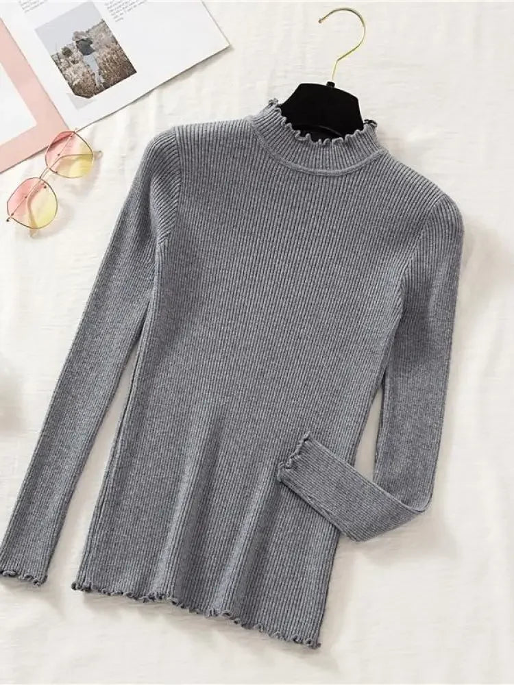 Mock Neck Clothes Knitted Woman Sweaters Pullovers Autumn Winter Basic Women's Jumper Slim Somen's Sweater Pull Long Sleeve