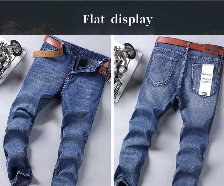 Mens Denim Pants Spring Casual Business Straight Fit Loose Elasticated Jeans Stylish Comfortable Pants for Work and Daily Wear