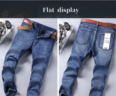 Mens Denim Pants Spring Casual Business Straight Fit Loose Elasticated Jeans Stylish Comfortable Pants for Work and Daily Wear