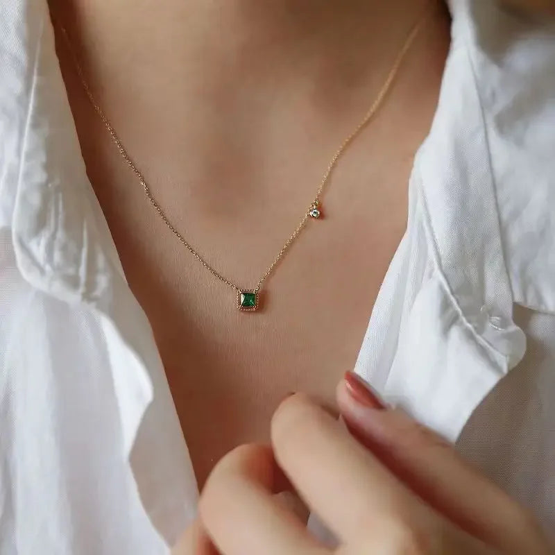 Jkli S925 Sterling Silver Simple Emerald Crystal Chain  Necklace  Women Light Luxury Temperament Plating 14k Gold Jew  New style