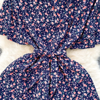 French Chic Dress Beach Style Floral Print Dresses Female V-Neck New Summer Ruffles A-Line Vestidos Women Clothes