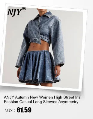 ANJY Autumn New Women Chic Two-Piece Set Studded Diamonds Streetwear Denim Shirt Drawstring Straight Elegant Casual Pants  A9654