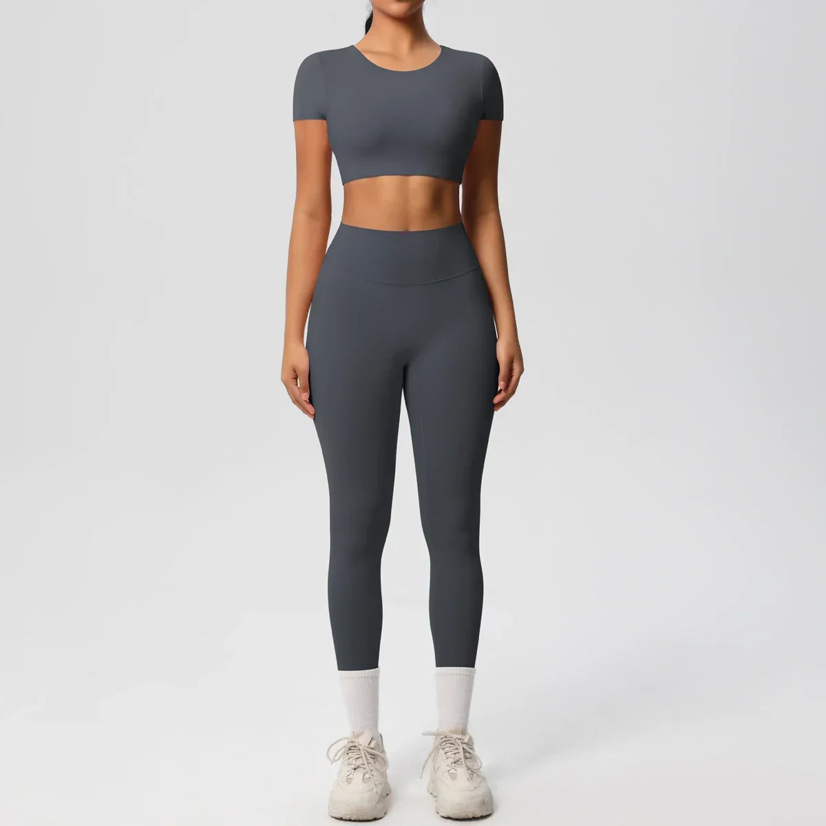 Yoga Set 2 Pieces Women Tracksuits Workout Sportswear Gym Clothing Fitness Short Sleeve With Padded High Waist Leggings Suits