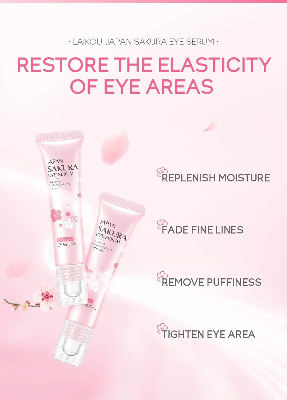 LAIKOU Sakura Eye Serum Eye Roller Massage Hyaluronic Acid Skin Care Eye Bags Cream Moisturizing Dark Circles 15ml