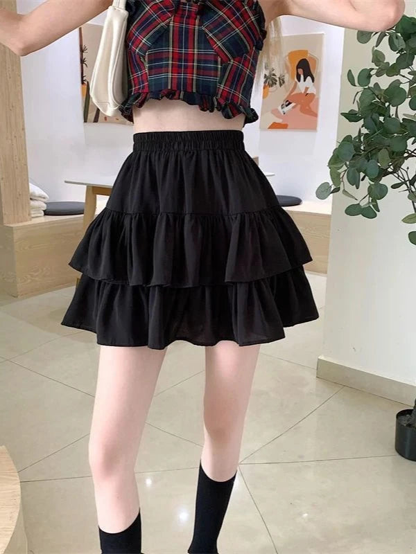 Pleated A-Line Skirt Women White Ruffle Sweet Tierred Pretty Style Skirt Elastic Waist Summer Slim Basic Korean Harajuku Dress