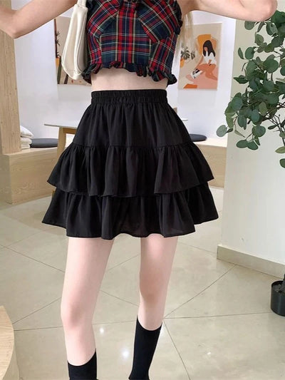 Pleated A-Line Skirt Women White Ruffle Sweet Tierred Pretty Style Skirt Elastic Waist Summer Slim Basic Korean Harajuku Dress