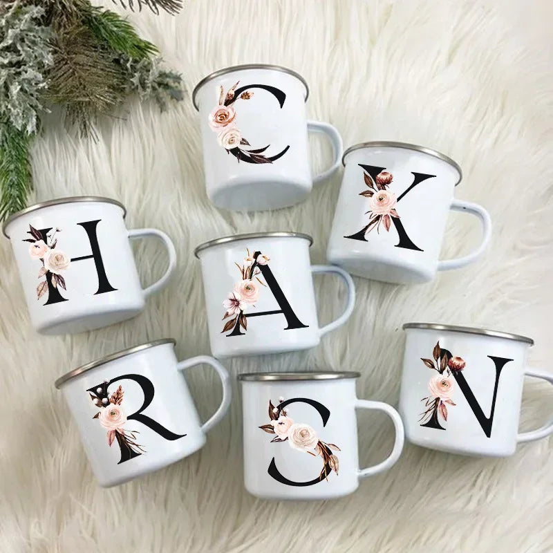Initial Letter Print Mugs Enamel Creative Coffee Cups Drinks Wine Juice Milk Cup Vintage Home Office Handle Drinkware Best Gifts