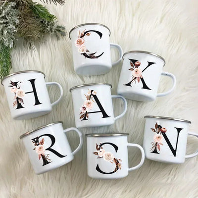 Initial Letter Print Mugs Enamel Creative Coffee Cups Drinks Wine Juice Milk Cup Vintage Home Office Handle Drinkware Best Gifts