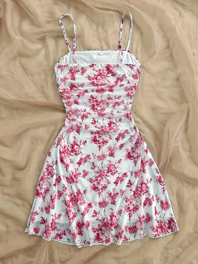 Women's Summer Elegant Floral Mini Dresses Fashion Fold High Waist Slim A-Line Dress Lady Sexy Backless Spaghetti Strap Sundress