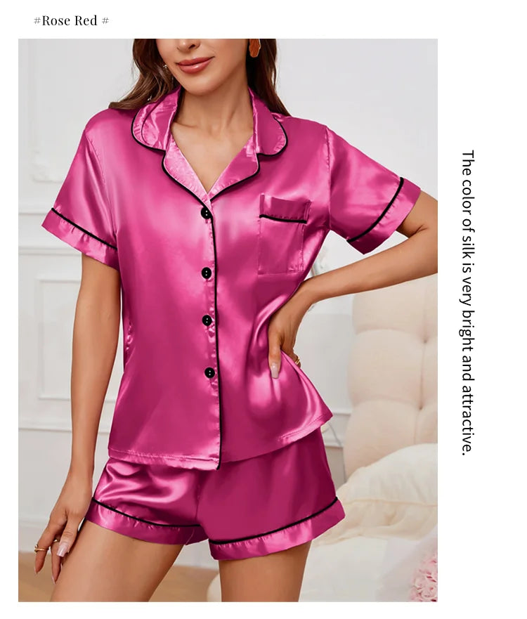 Women's Sleepwear Silk Satin Pajamas Set Button-Down Pyjama Shorts Suit Pijama Femme Loungewear Pj Sets Solid Color Home Clothes