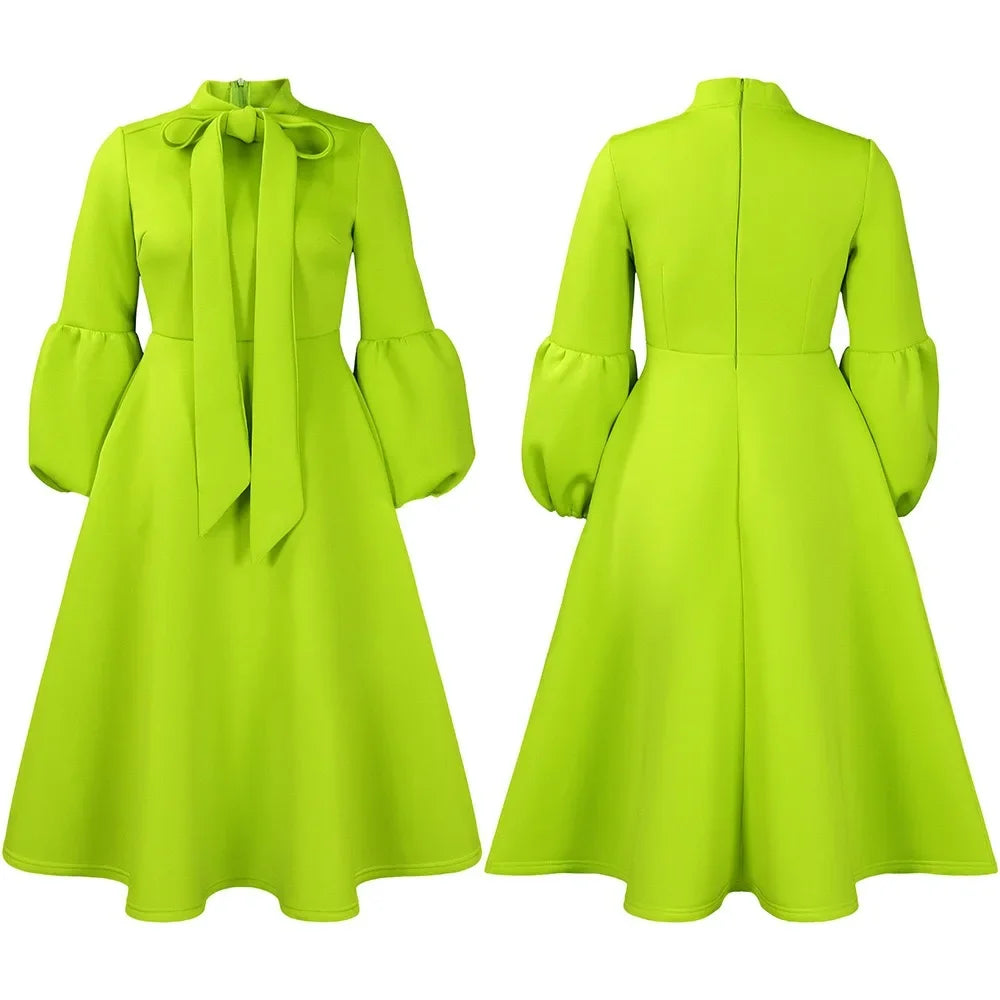 Elegant Dresses for Women Bow Collar Full Sleeve High Waisted Pleated Mid Calf Luxury Birthday Party Dinner Vestidos Mujer Dress
