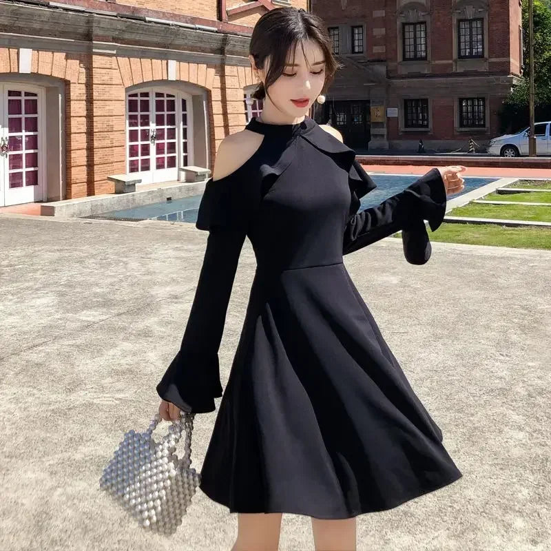 Ruffle Dresses for Women A Line Midi Woman Long Sleeve Dress Y2k Loose Casual Youth Korean Fashion One-piece Sensual Sexy X 2025