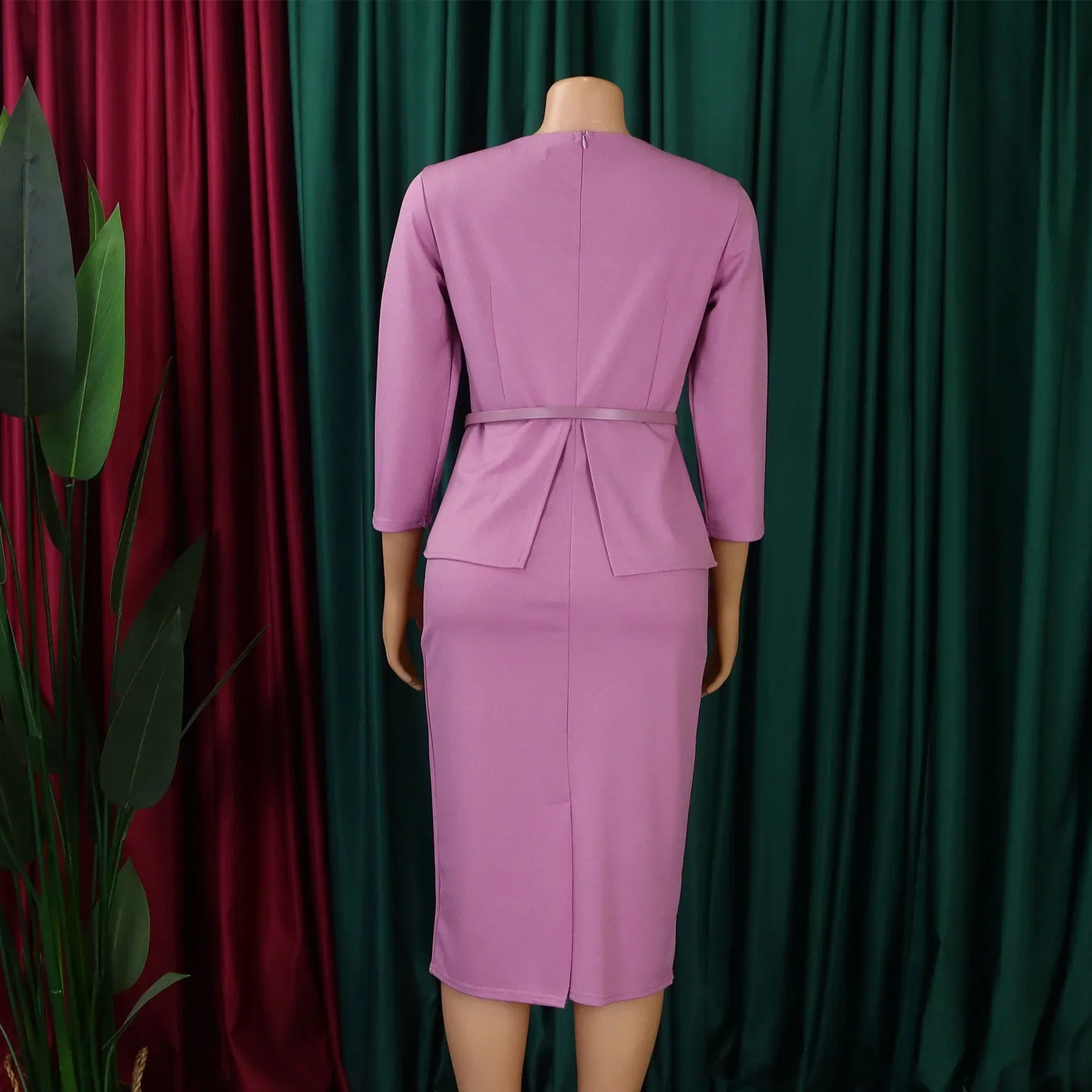 Dress Office Wear for Women Professional Skew Collar Three Quarter Sleeve Belt Waisted Sheath Package Hips Mid Calf Formal Dress