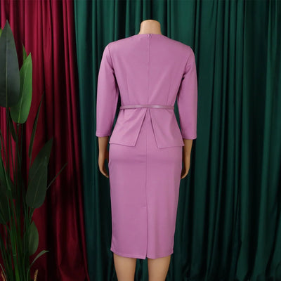 Dress Office Wear for Women Professional Skew Collar Three Quarter Sleeve Belt Waisted Sheath Package Hips Mid Calf Formal Dress