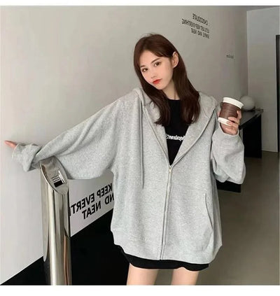 Korean Fashion Zipper Hood Sweatshirt Women Autumn Long Sleeve Tops Casual Y2K Hoodies Streetwear Harajuku Loose Jackets Coats