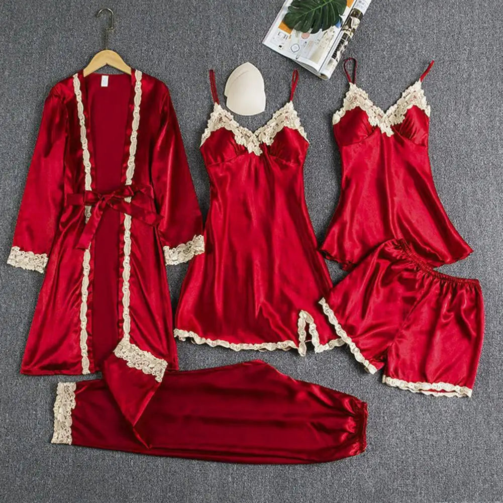 Women's Summer Sexy Pajama Pants Set 5 Pieces Nightgown Nightdress Top Shorts Pants Set Lace Satin Silk Sleepwear Robe Sleepwear