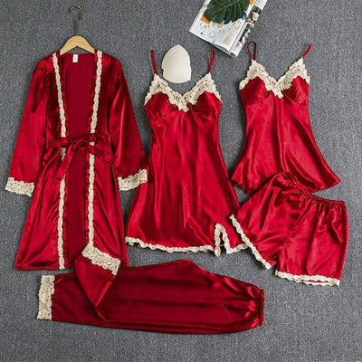 Women's Summer Sexy Pajama Pants Set 5 Pieces Nightgown Nightdress Top Shorts Pants Set Lace Satin Silk Sleepwear Robe Sleepwear