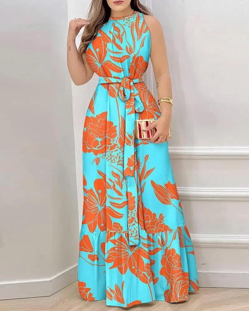 2025 Women's Elegant Floral Print Long Dresses Spring Summer Lace up Print Strap Dress Holiday Beach Female Robe Vesido Mujer